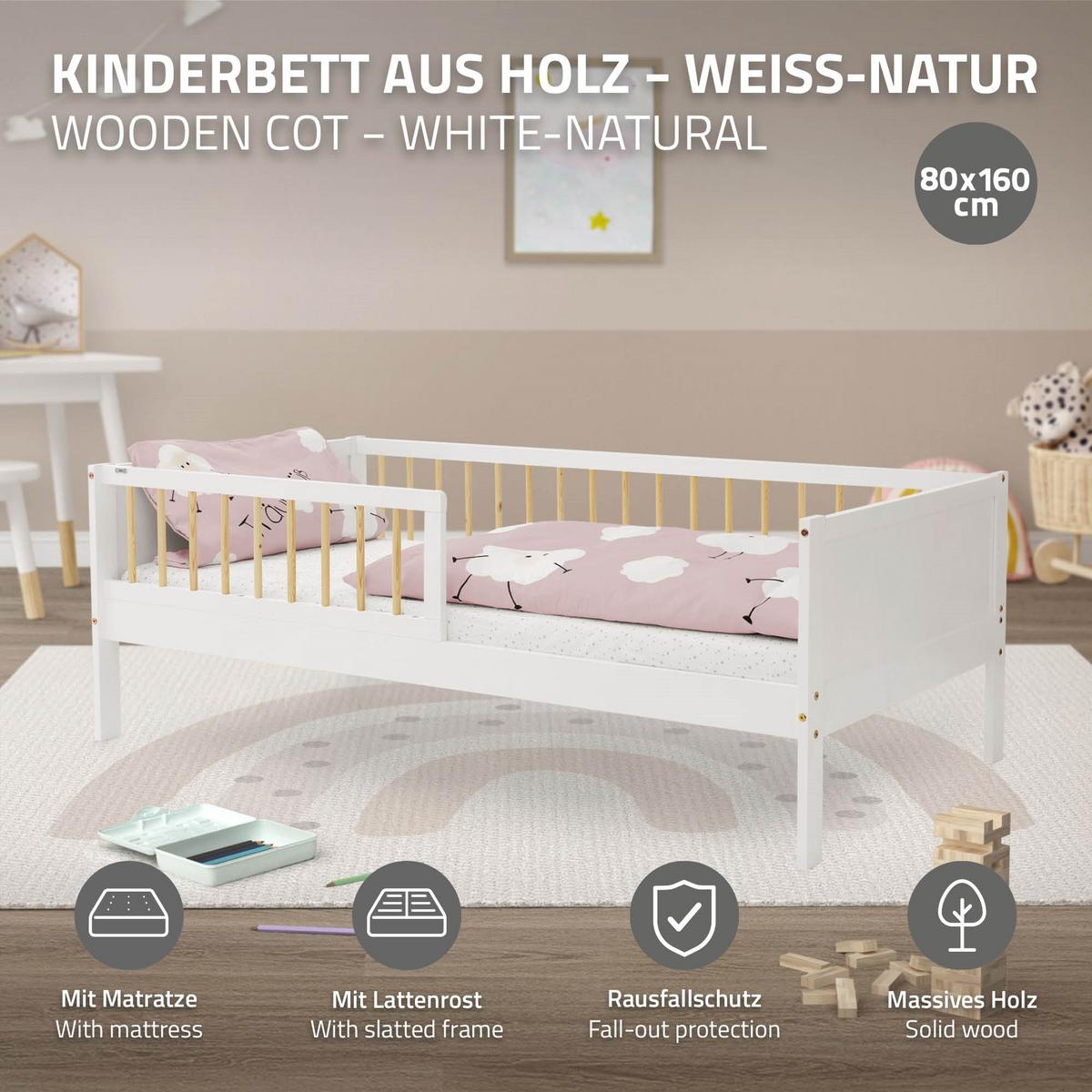 KINDERBETT mit Matratze 80x160 cm Weiß/Natur - Multicolor, Holz (80/160cm) - ML-DESIGN