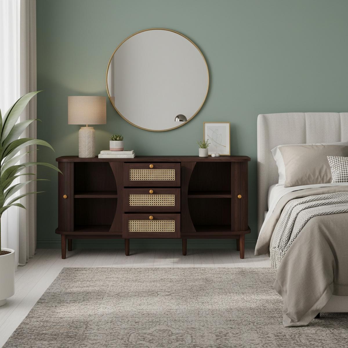 SIDEBOARD Walnuss Optik mit Rattan Schubladen und Schiebetüren - Walnussfarben, Naturmaterialien/Holzwerkstoff (140/73/40cm) - Urban Meuble