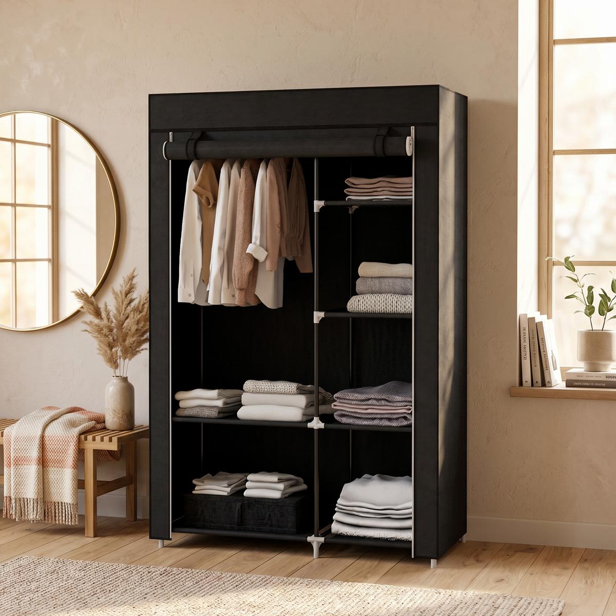 KLEIDERSCHRANK Stoffschrank Faltschrank mit 2 Kleiderstangen, 6 Fächern, Schwarz - Schwarz, Metall (43/162.5/103cm) - HOMCOM