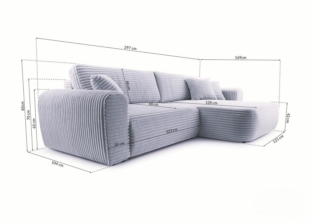 ECKSOFA VIVA Grau Kordstoff mit Schlaffunktion - Hellgrau, Holz (297/169cm) - MASSENO