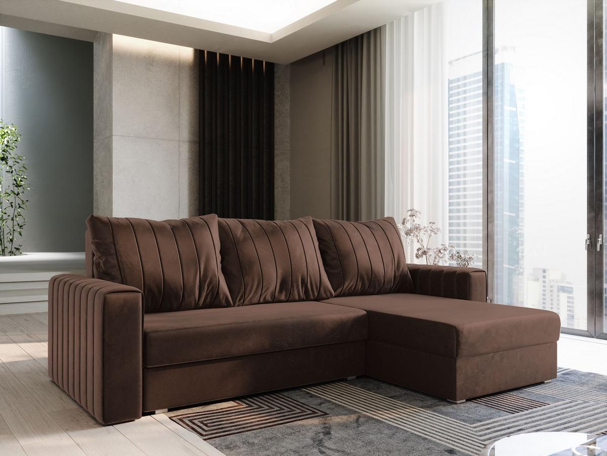 ECKSOFA CARL Braun Plüsch-Stoff mit Schlaffunktion - Braun/Grau, Holz/Kunststoff (236/150cm) - MASSENO
