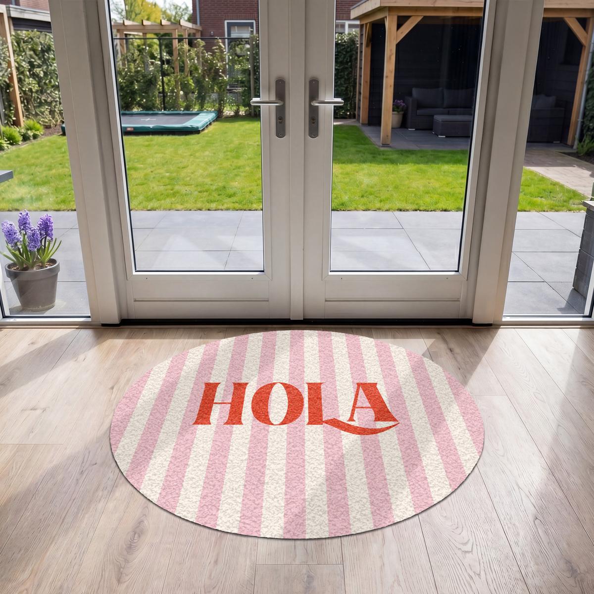 FUSSMATTE Hola - Zitat - Streifen - Pastell - Rosa - Rot - Weiß Schmutzfangmatte 120x120 cm - Rosa, Kunststoff (120/0.4cm) - MuchoWow