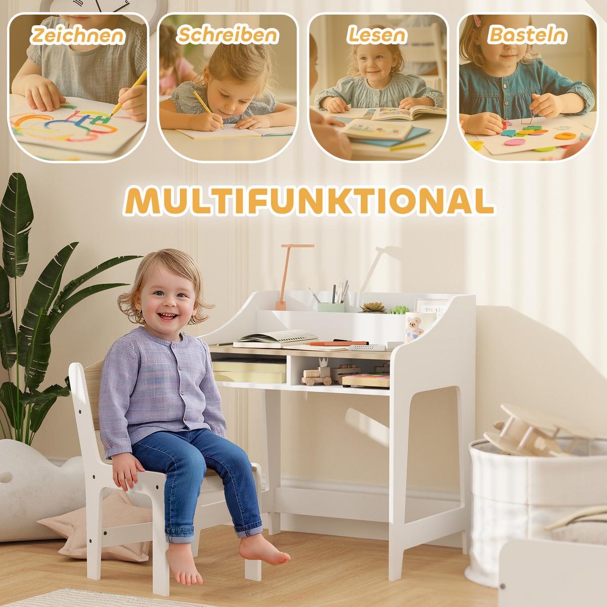 KINDERSCHREIBTISCH-SET 2er Set MDF Naturholz - Naturfarben/Weiß, Holzwerkstoff (48/68/60cm) - AIYAPLAY