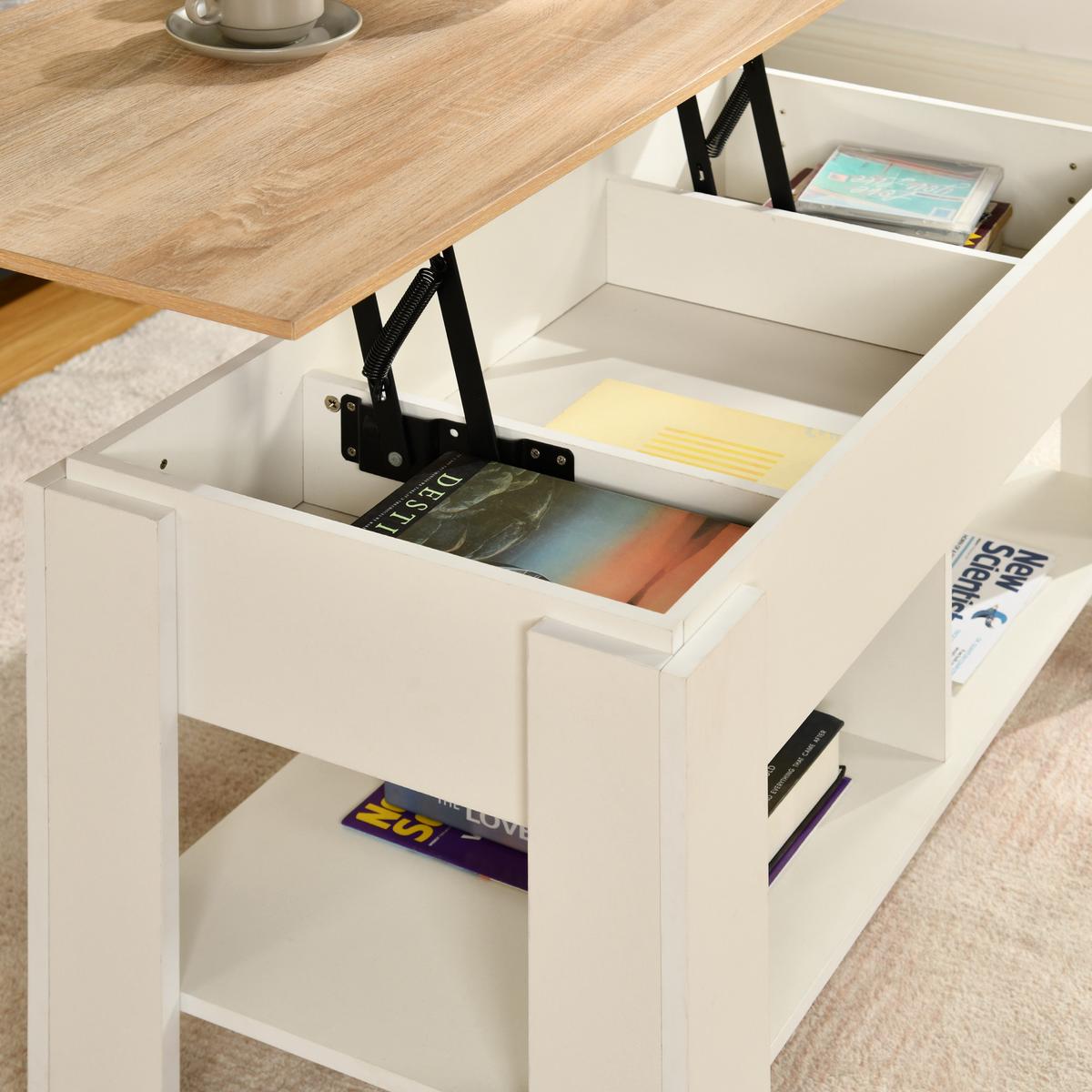 COUCHTISCH mit Lift-Top, Stauraum und Ablagefach, Weiß/Eiche - Goldfarben/Weiß, Holz (96/50/47cm) - Urban Meuble