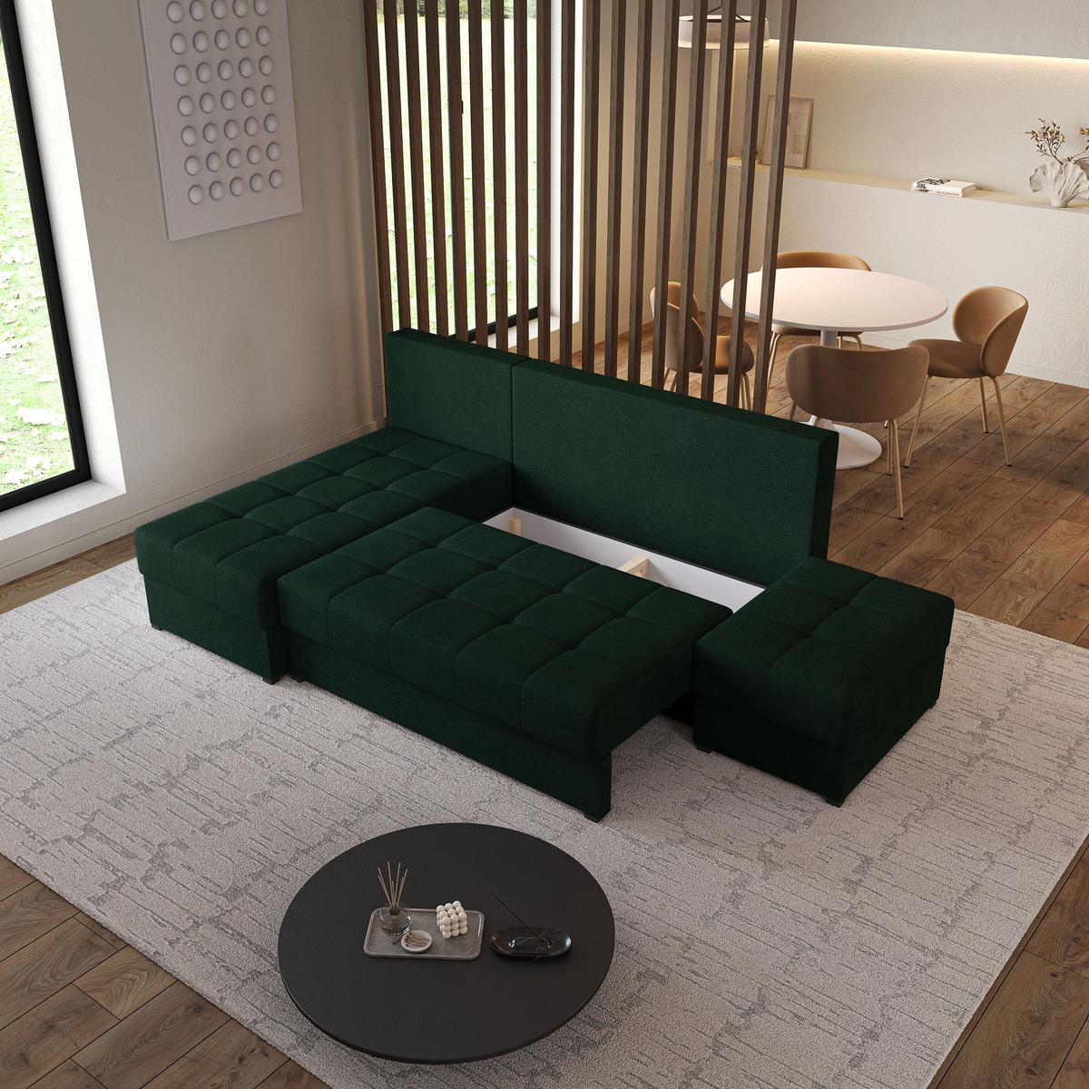 ECKSOFA NORVI Grün Geflochtener Stoff mit Schlaffunktion - Grün, Holz (251/143cm) - MASSENO