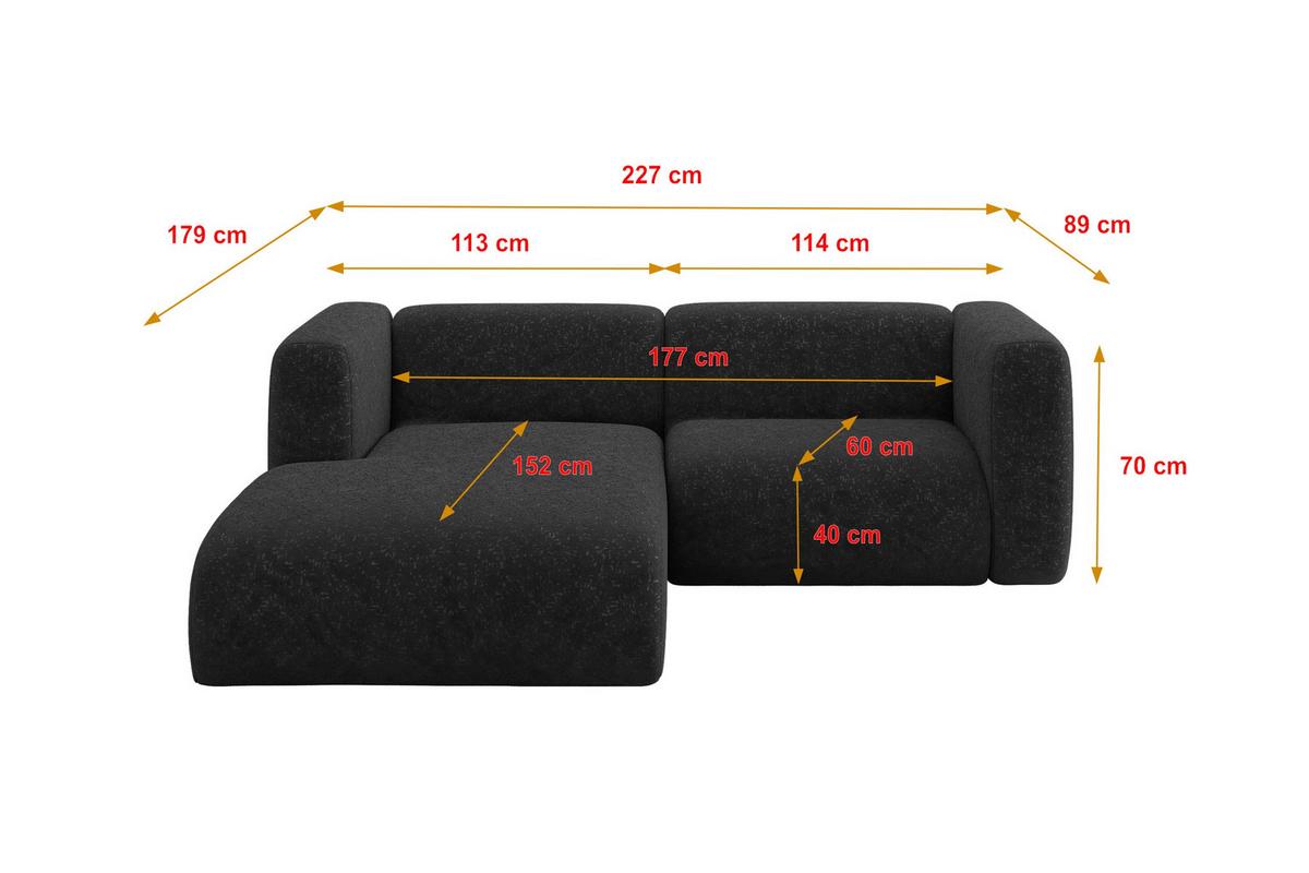 ECKSOFA Ottomane Links MIRA-L1 227x179x89 Schwarz Velours - Schwarz, Holzwerkstoff/Kunststoff (227/179cm) - ALTDECOR