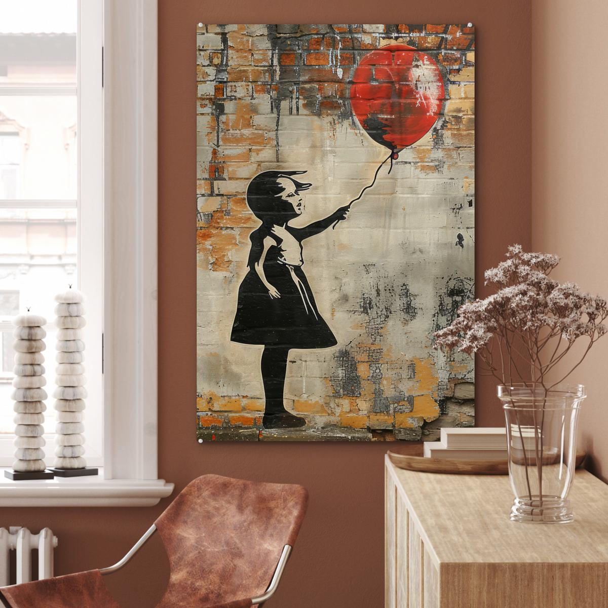 ACRYLGLASBILD Graffiti - Banksy - Mädchen - Straßenkunst 80x120 cm - Sandfarben, Glas (80/120cm) - MuchoWow