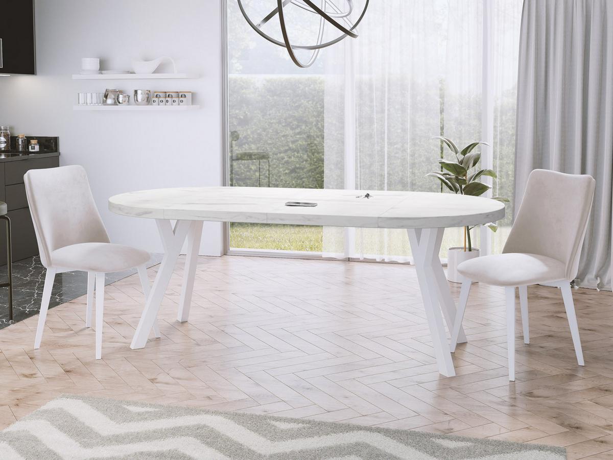 ESSTISCH Twixy runder ausziehbarer, Marmor Weiß 90-170/90/76 cm - Ecru/Weiß, Holz/Holzwerkstoff (90/170/76cm) - WFL GROUP
