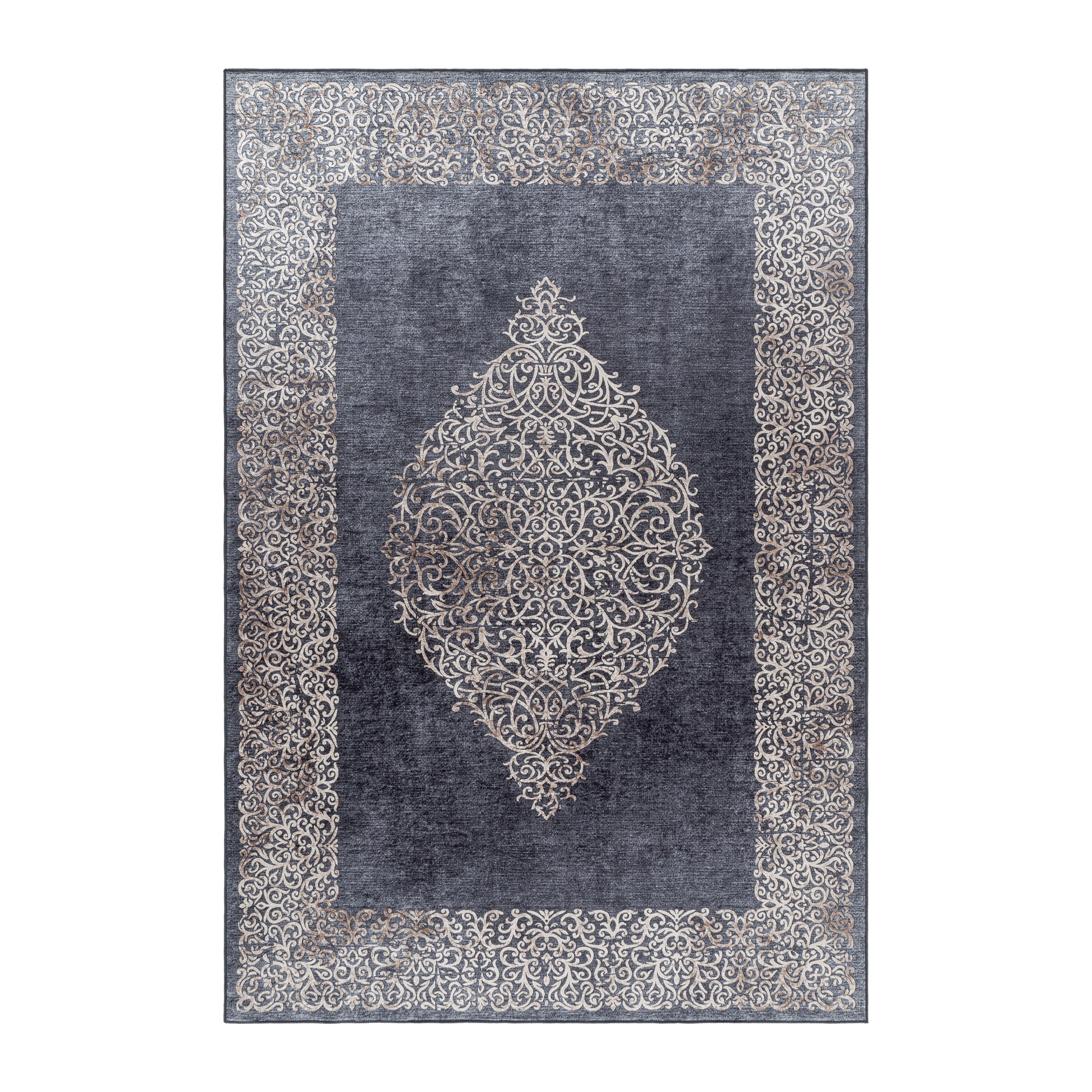 TEPPICH Flachgewebe Waschbar PIZOL in Schwarz, mit Barock-Motiv, 80 x 250 cm - Schwarz, Textil (250/80cm) - KADIMA DESIGN