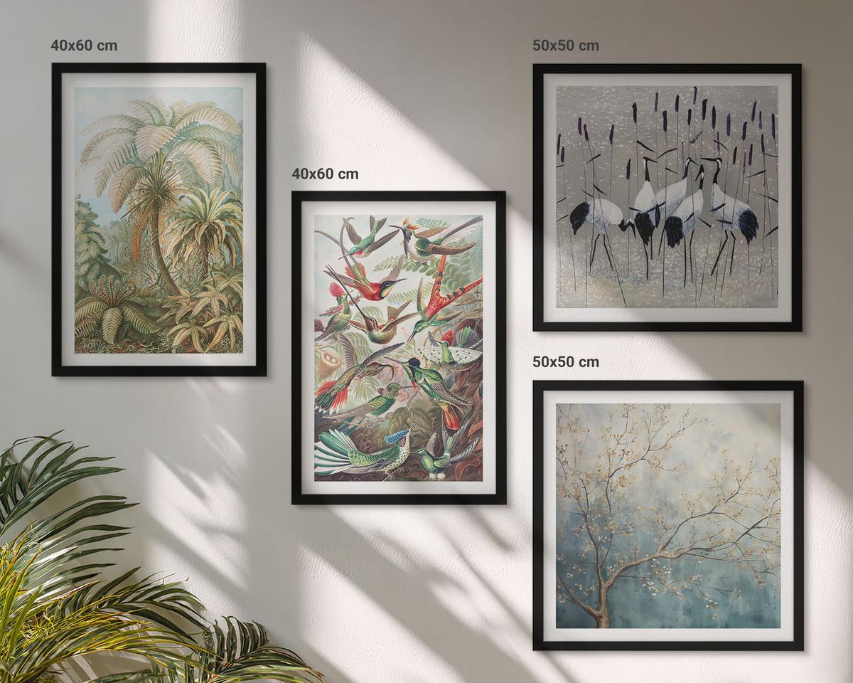 BILDER SET 4er Set - 50x50 cm & 40x60 cm Schwarzer Rahmen - Tropische Pflanzen, Vögel, Natur - Schwarz, Kunststoff (50/50cm) - TULUP