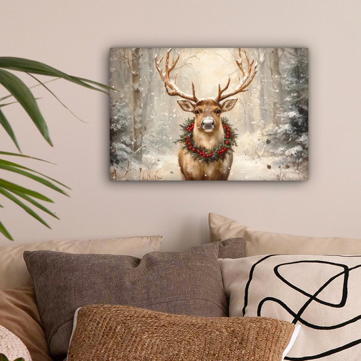 LEINWANDBILD Weihnachten - Rentier - Winter - Kranz Deko Schlafzimmer 30x20 cm - Naturfarben, Textil (30/20cm) - MuchoWow