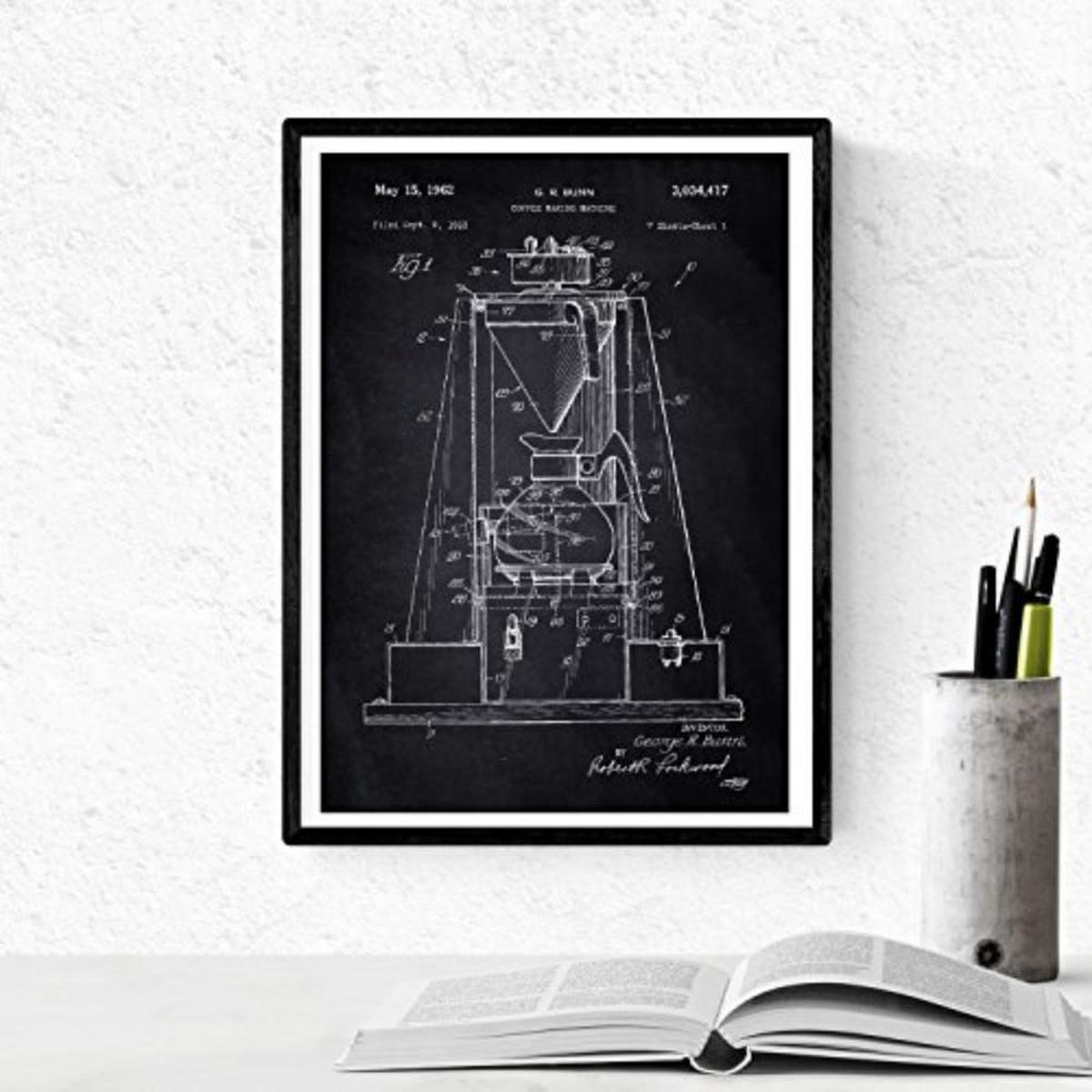 POSTER Set mit 4 Schwarz cafeteras Patenten A4 Schwarzer Rahmen - Schwarz, Papier (29.7/3cm) - Nacnic