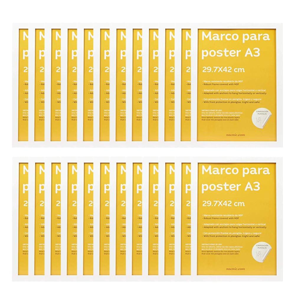 RAHMEN Set mit 24 aus MDF und Acrylglas Schutz und Aussteller für Fotografien, Bilder, Poster, Gemälde, Dekoration für Haus Farbe Weiß A3 - Weiß, Holz (29.7/3cm) - Nacnic