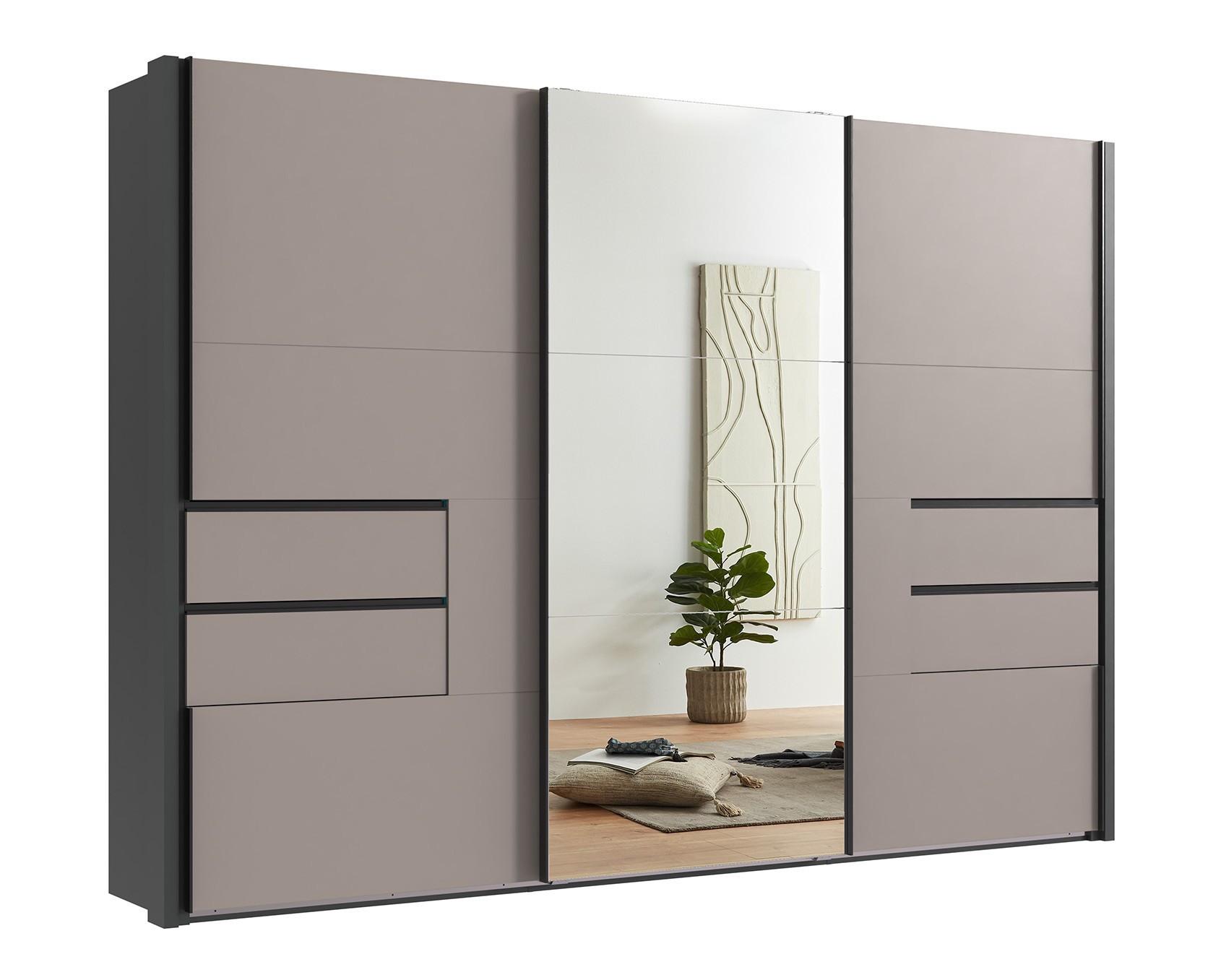 SCHWEBETÜRENSCHRANK 3-türig B312/H216/T65 cm, Korpus&Passepartout Grafit, Türen&Schubladen Sandgrau/Spiegel, Kleiderschrank inkl. Vollausst. / 22066 - Sandfarben/Bordeaux, Holzwerkstoff/Metall (312/216/65cm) - luma-home