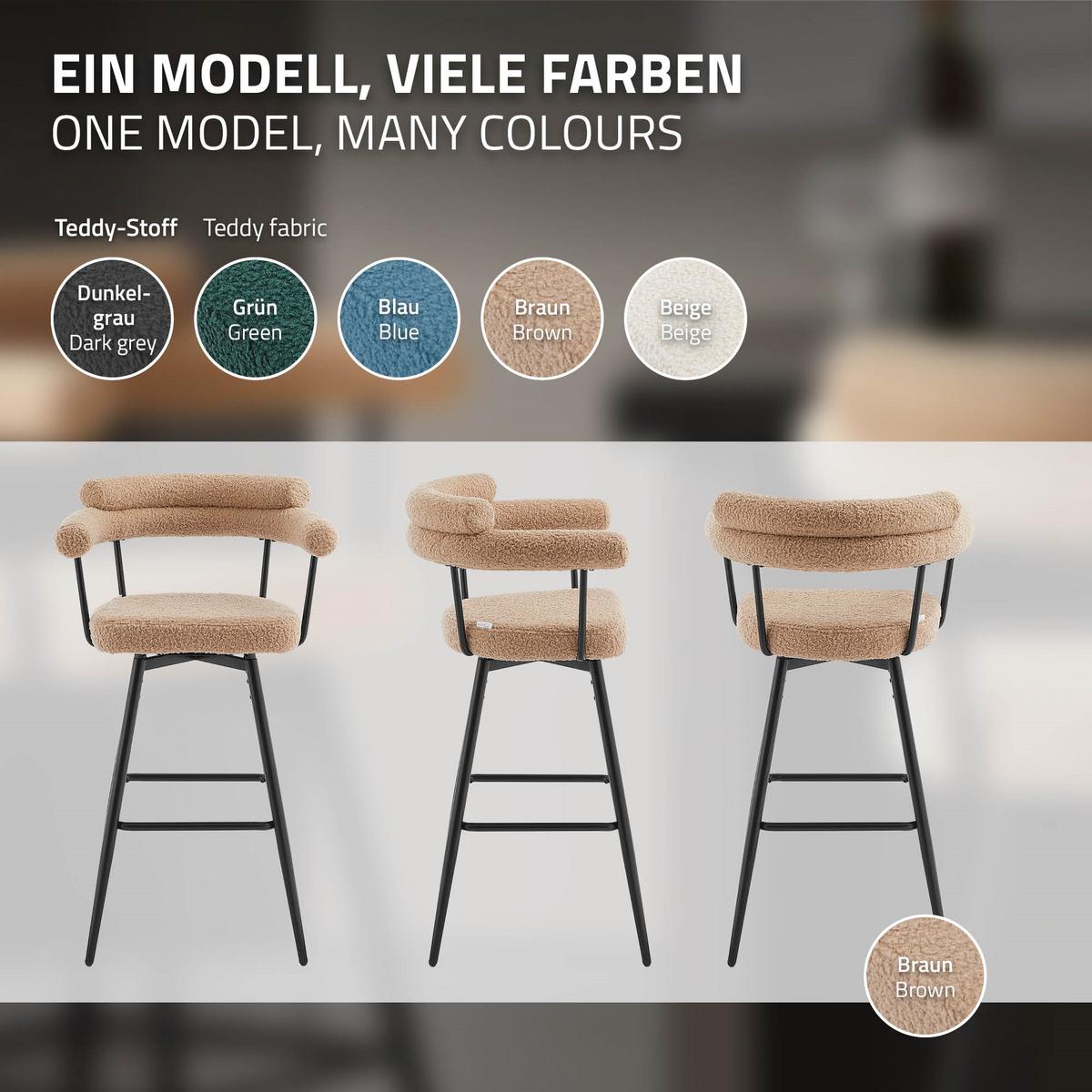 BARHOCKER 4er Set drehbar Braun mit Teddy-Stoff 76 cm hoch - Schwarz/Braun, Textil/Metall (61/103/55cm) - ML-DESIGN