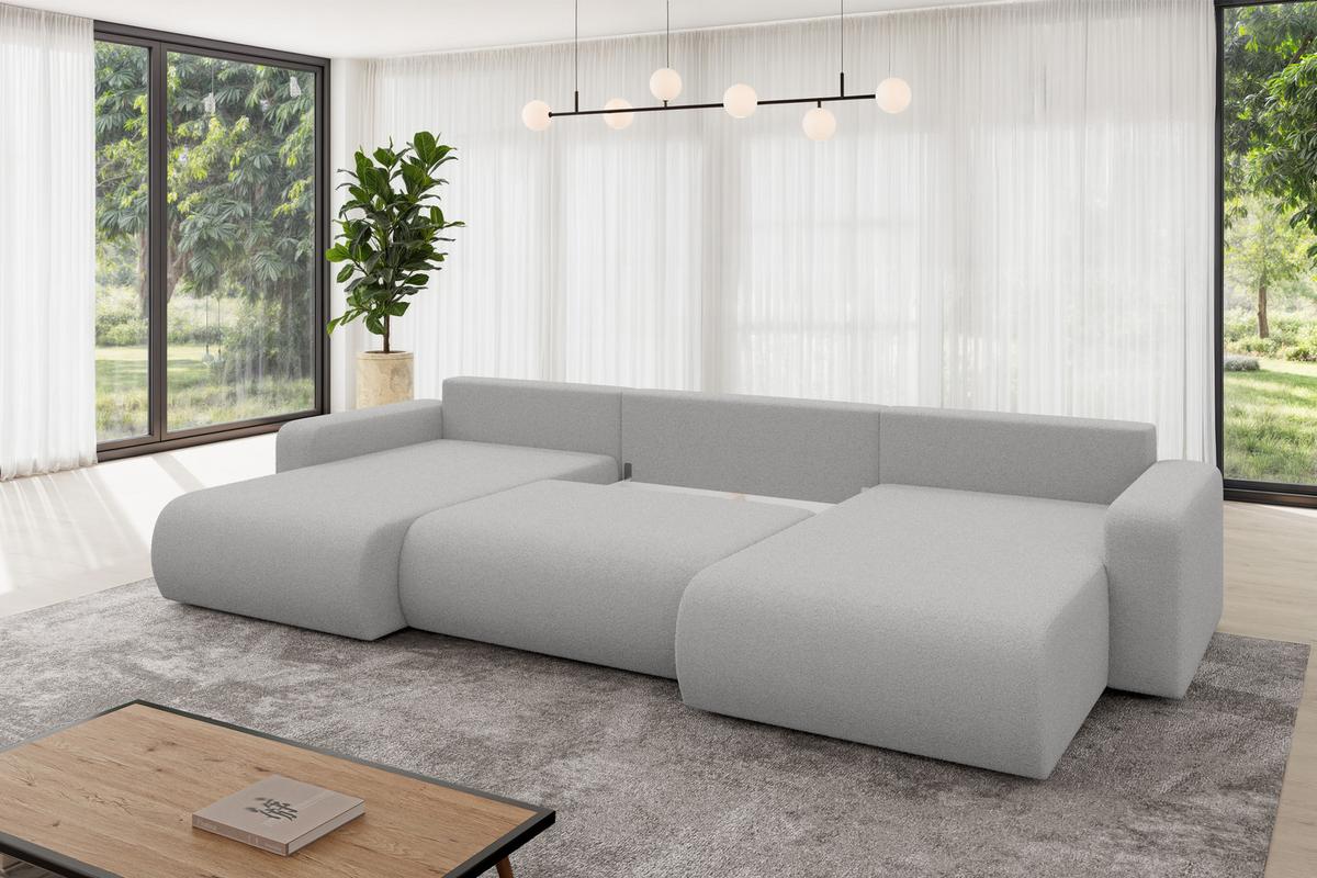 WOHNLANDSCHAFT mit Schlaffunktion und Bettkasten BERY-U 377x193x88 Hellgrau Bouclé - Silberfarben/Hellgrau, Holzwerkstoff/Kunststoff (377/88/193cm) - ALTDECOR