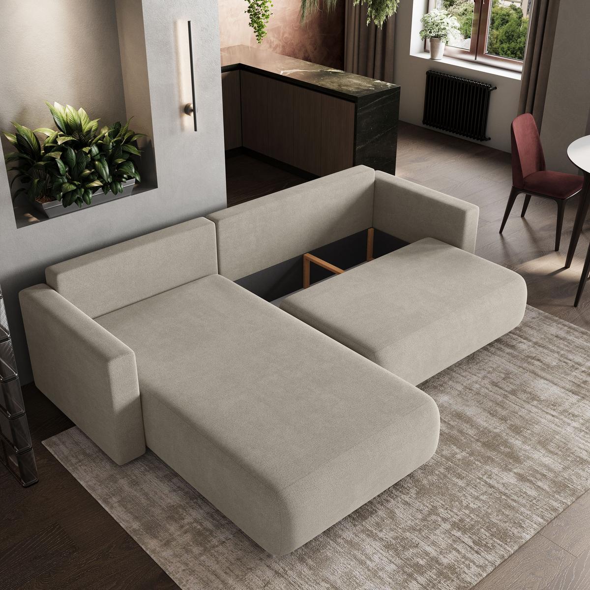 ECKSOFA TURIN Beige Geflochtener Stoff mit Schlaffunktion - Beige, Holz (265/183cm) - MASSENO