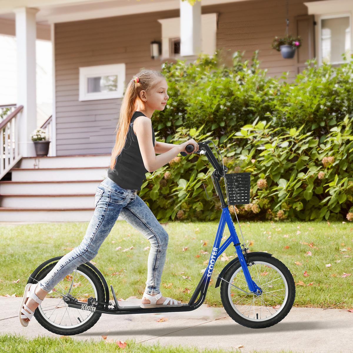 KINDERROLLER Scooter Tretroller mit Bremse Korb höhenverstellbar Gummi Blau - Blau, Metall (139/58/96cm) - HOMCOM
