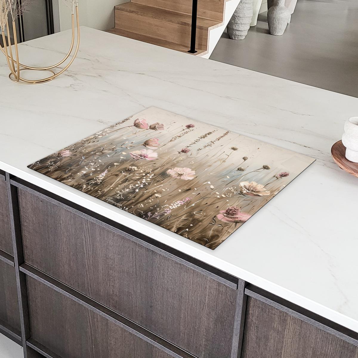 HERDABDECKPLATTE Blumen - Beige - Trockenblumen Induktionsmatte 77x59 cm - Beige, Kunststoff (77/59/0.2cm) - MuchoWow