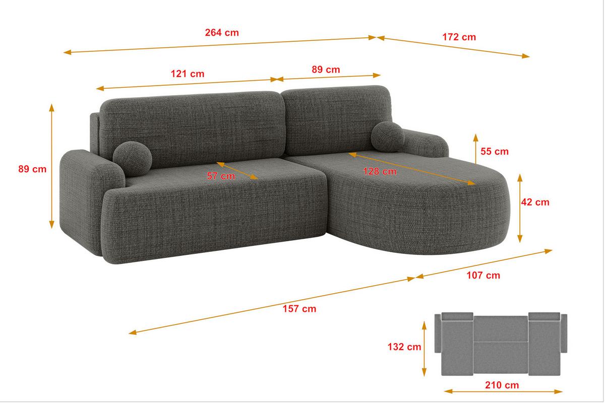 ECKSOFA mit Schlaffunktion und Bettkasten LIRA-L - 264x172x89 Grau - Grau, Holzwerkstoff/Textil (172/264cm) - ALTDECOR