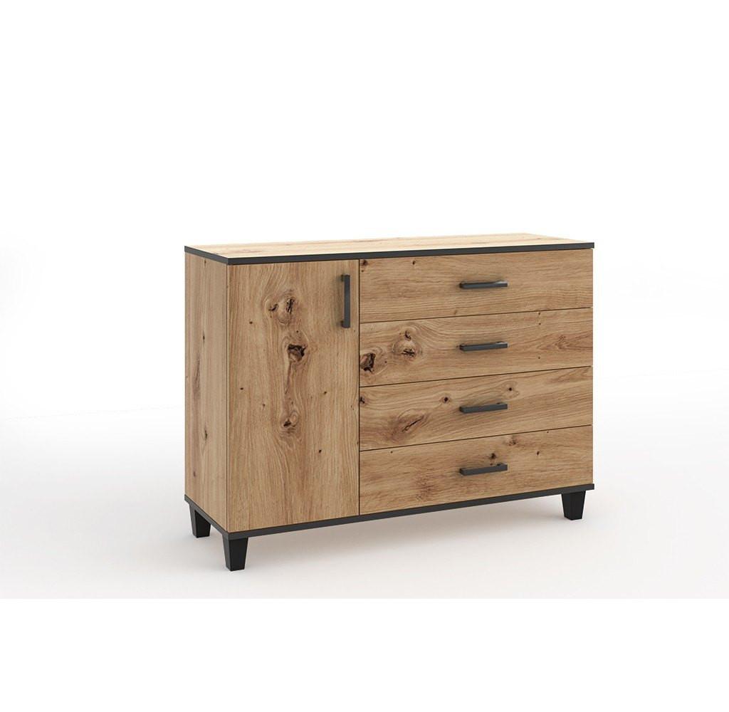 KOMMODE CORTEZA 120/90/40cm mit 4 Schubladen 1 Türen Eiche Artisan - Eiche Artisan, Holzwerkstoff (120/90/40cm) - MASSENO