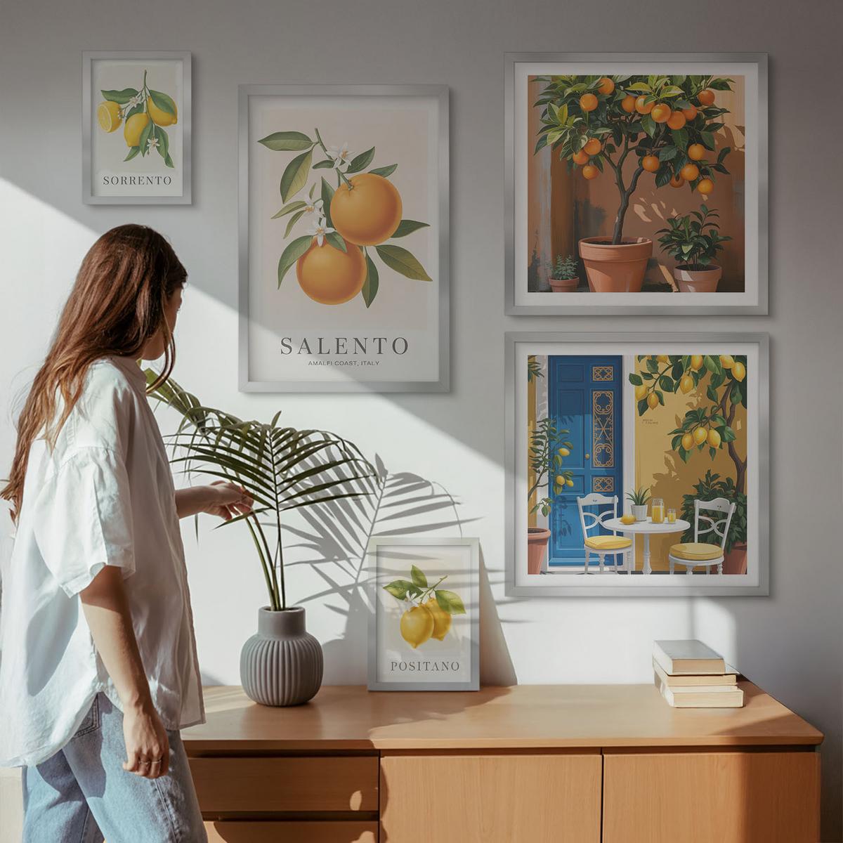 BILDER SET 5er Set - 50x50 cm & 20x30 cm & 40x60 cm Silberner Rahmen - Zitronenorange Blütenmuster - Silberfarben, Kunststoff (40/60cm) - TULUP