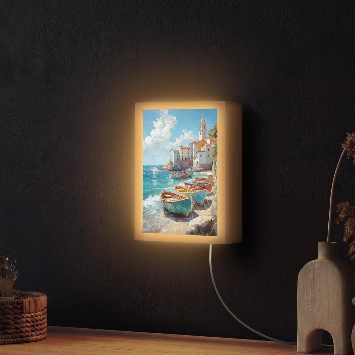 WANDLEUCHTE Boote - Felsen - Meer - Sonne 20x30 cm - Blau, Holzwerkstoff (20/30/8cm) - OnlyWow