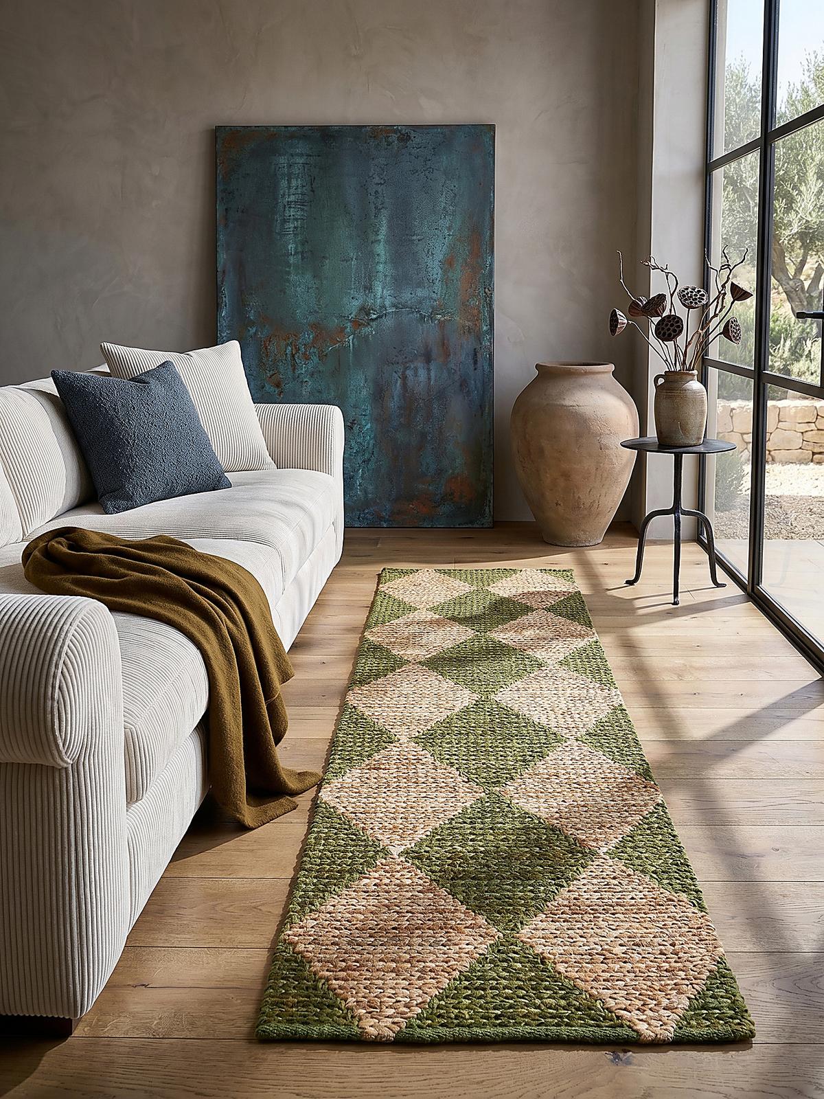 JUTETEPPICH BAIN, mit Rautenmuster, Olivegrün, 80 x 230 cm - Grün, Textil (230/80cm) - KADIMA DESIGN