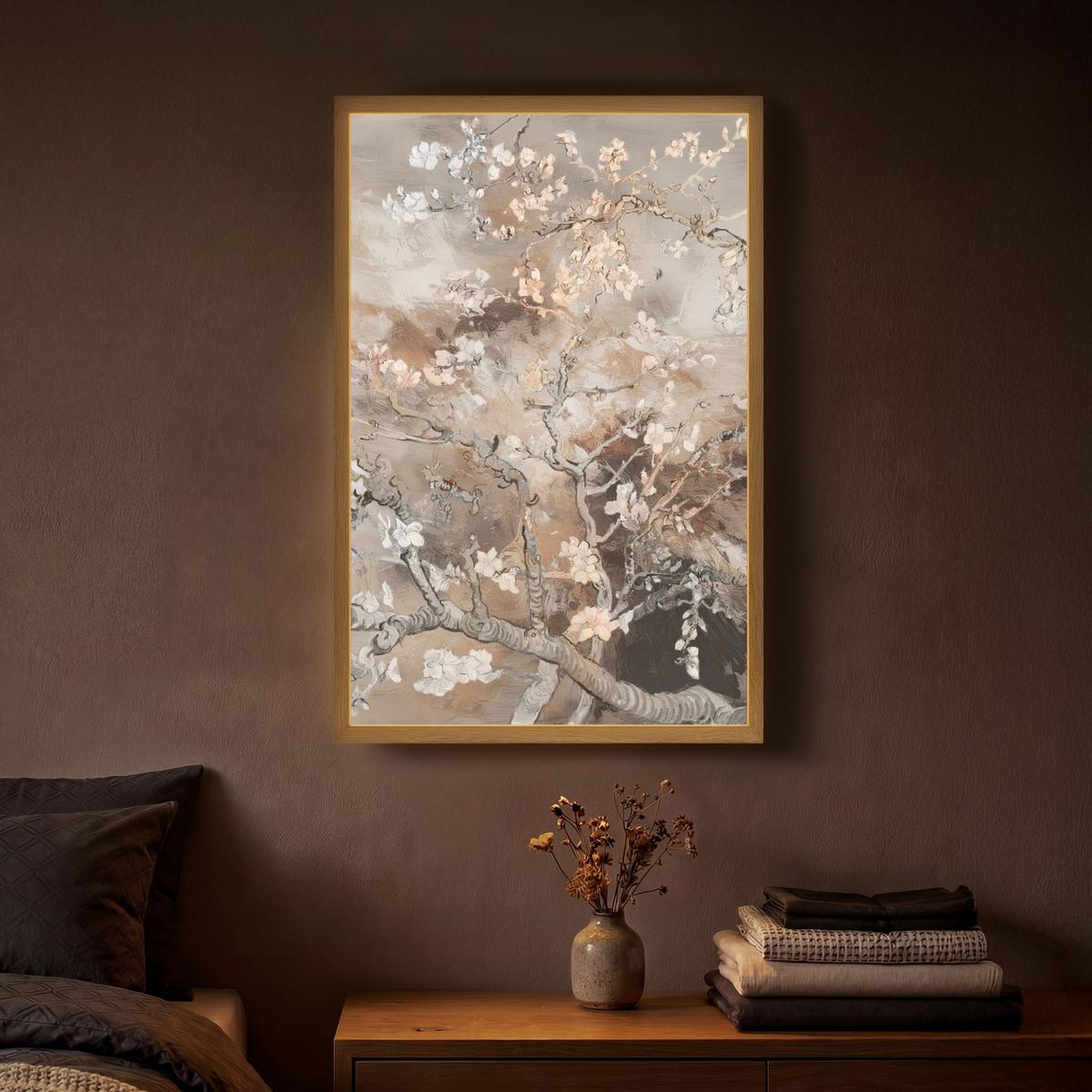 WANDLEUCHTE MIT AKKU Mandelblüte - Kunst - Van Gogh - Beige - Abstrakt 40x60 cm - Graubraun, Holzwerkstoff (40/60/8cm) - OnlyWow