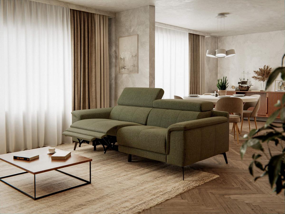RELAXSOFA FIERO 3-Sitzer mit 1 Relaxfunktion, olivgrün - Schwarz/Olivgrün, Holzwerkstoff/Textil (212/82/103cm) - Wozimo
