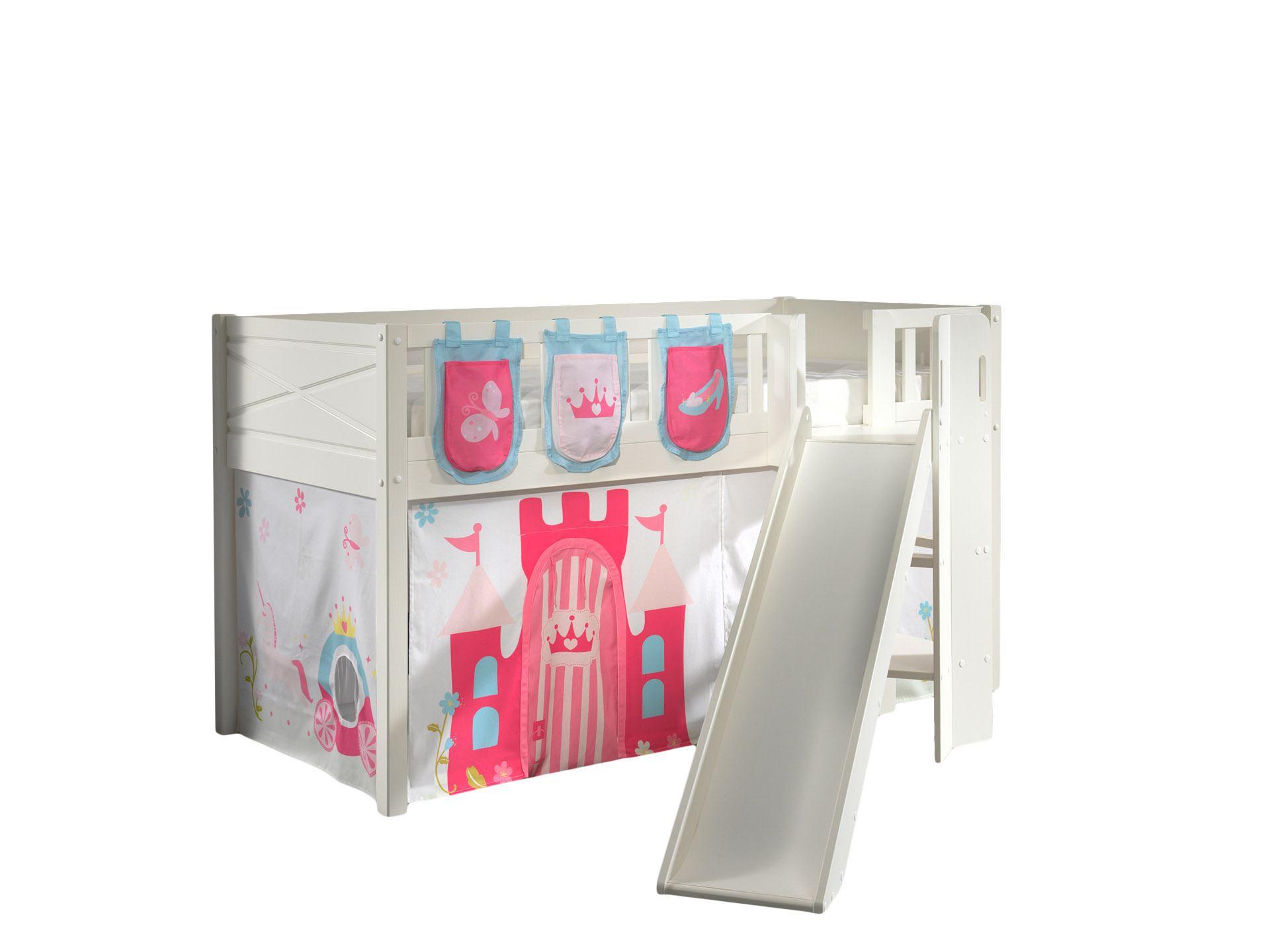 HOCHBETT mit Rutsche Karyl Massivholz Weiß Textilset Princess 3 - Magenta/Weiß, Holz (90/200cm) - 58aufmkessel