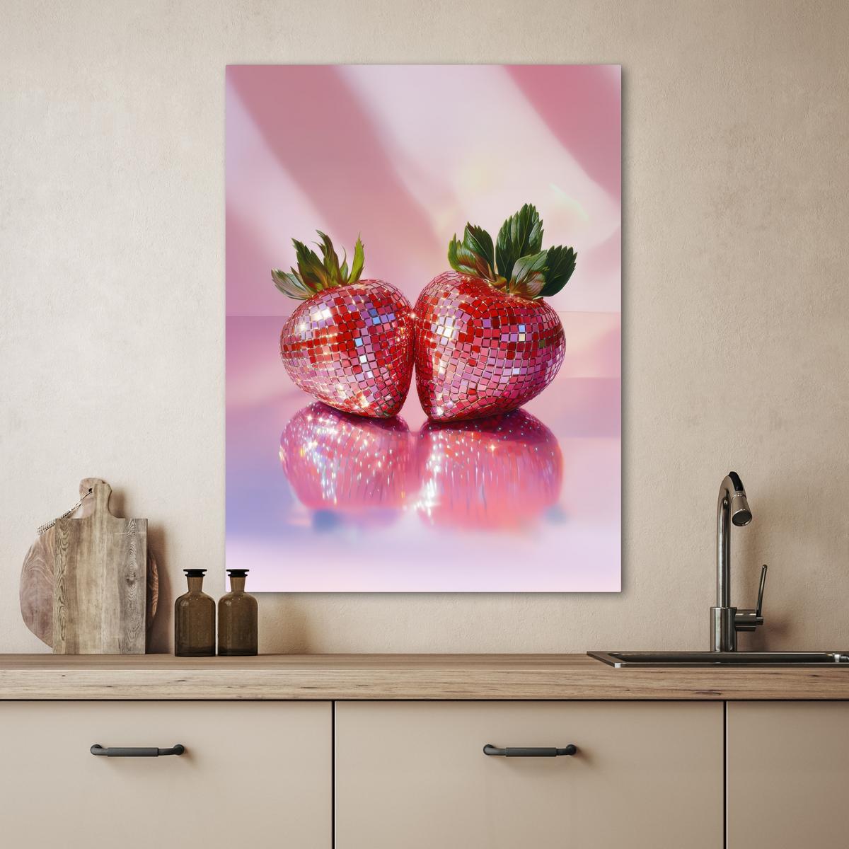 LEINWANDBILD Disco - Obst - Glitzer - Erdbeere Wandbild Wohnzimmer 60x80 cm - Pink, Textil (60/80cm) - MuchoWow