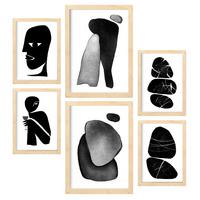 POSTER Set Mit 6 Datenlose Köpfe In Liebhaber Abstrakt Ästhetische Dekorative Gemälde Für Ihr Wohnzimmer Zuhause A3 & A4 Rahmen Aus Hellem Holz - Beige, Papier (29/3cm) - Nacnic