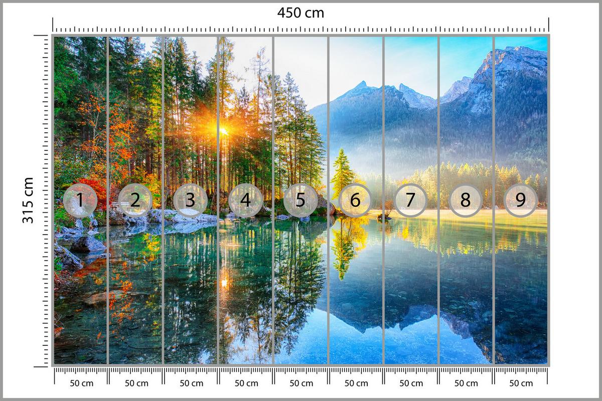 FOTOTAPETE für Schlafzimmer See Berge Bäume Sonnenuntergang Natur 450x315 - Gelb/Rot, Papier (450/315cm) - Muralo