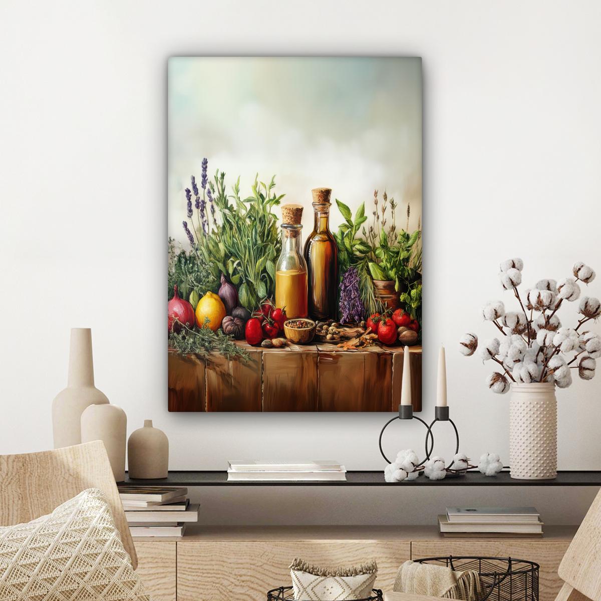 LEINWANDBILD Stilleben - Kräuter - Gewürze - Früchte - Farbenfroh Wandbild Wohnzimmer 60x80 cm - Grün, Textil (60/80cm) - MuchoWow