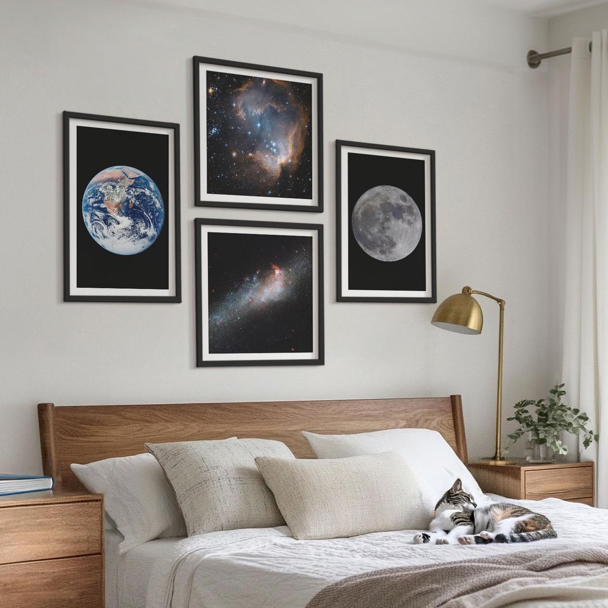 BILDER SET 4er Set - 50x50 cm & 40x60 cm Schwarzer Rahmen - Galaxie Weltraum Mond - Schwarz, Kunststoff (50/50cm) - TULUP