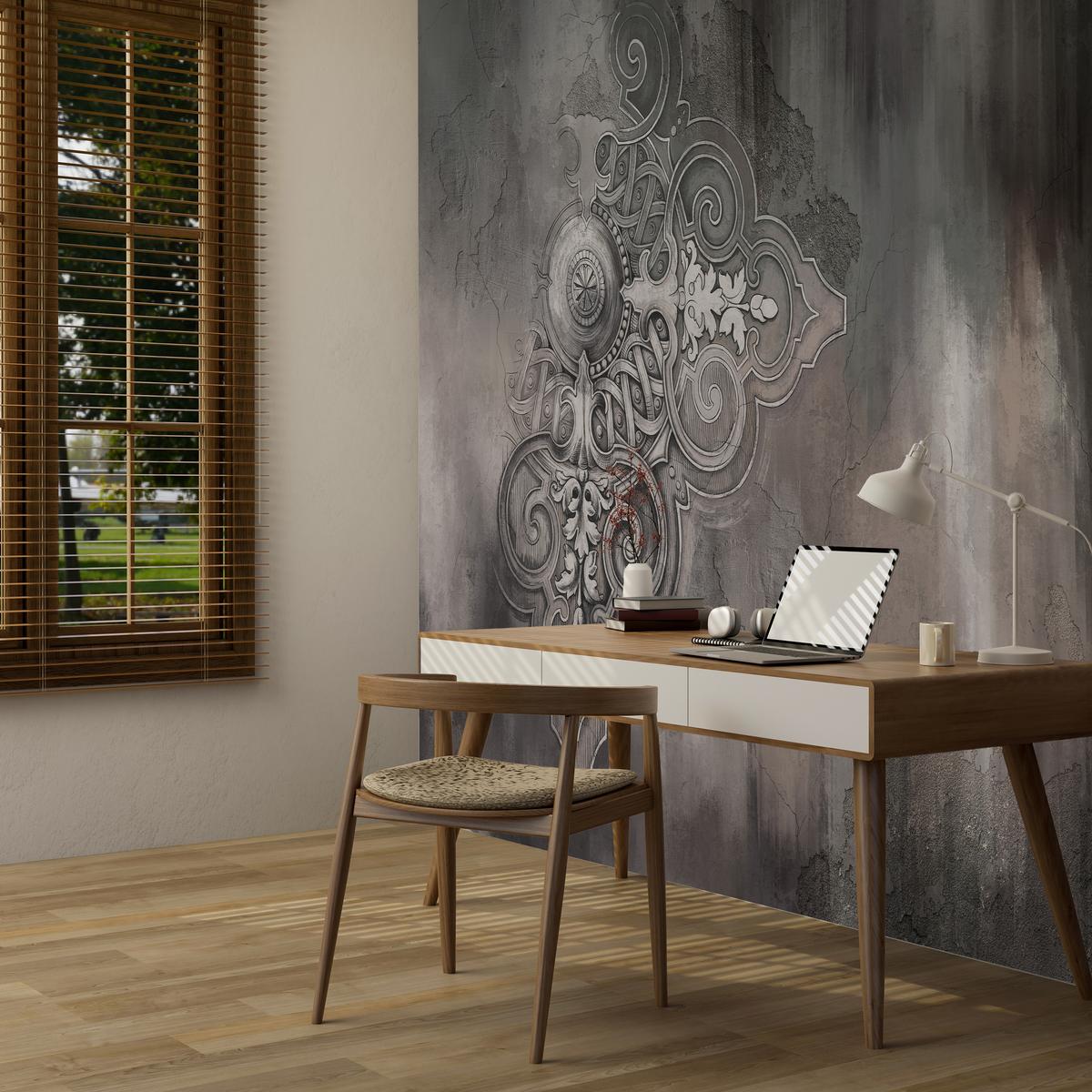 FOTOTAPETE für Wohnzimmer Retro Ornament Betonwand 350x256 - Schwarz/Braun, Papier (350/256cm) - Muralo