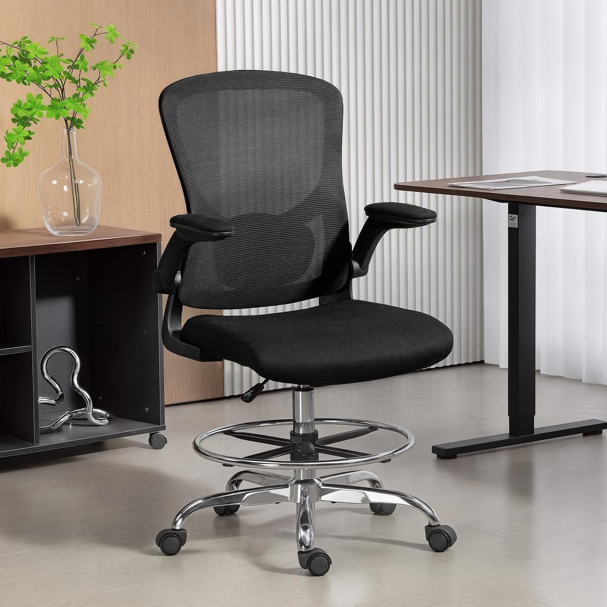 BÜROSTUHL mit Hochklappbar Armlehne Verstellbarer Fußring und 4D-Lendenstütze - Schwarz, Kunststoff/Textil (60/132/60cm) - HOMCOM