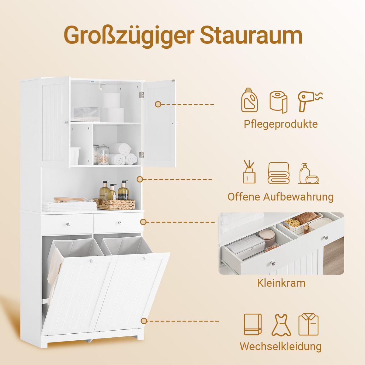 BADEZIMMERSCHRANK schmal, 78 x 181 x 38 cm, mit 2 Wäschekörben, 2 Schubladen und offenem Regal, weiß - Weiß, Holzwerkstoff (78/181/38cm) - SoBuy
