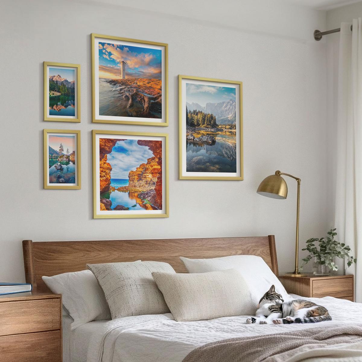 BILDER SET 5er Set - 50x50 cm & 20x30 cm & 40x60 cm Goldrahmen - Aussicht Paris New York Treppen - Goldfarben, Kunststoff (40/60cm) - TULUP