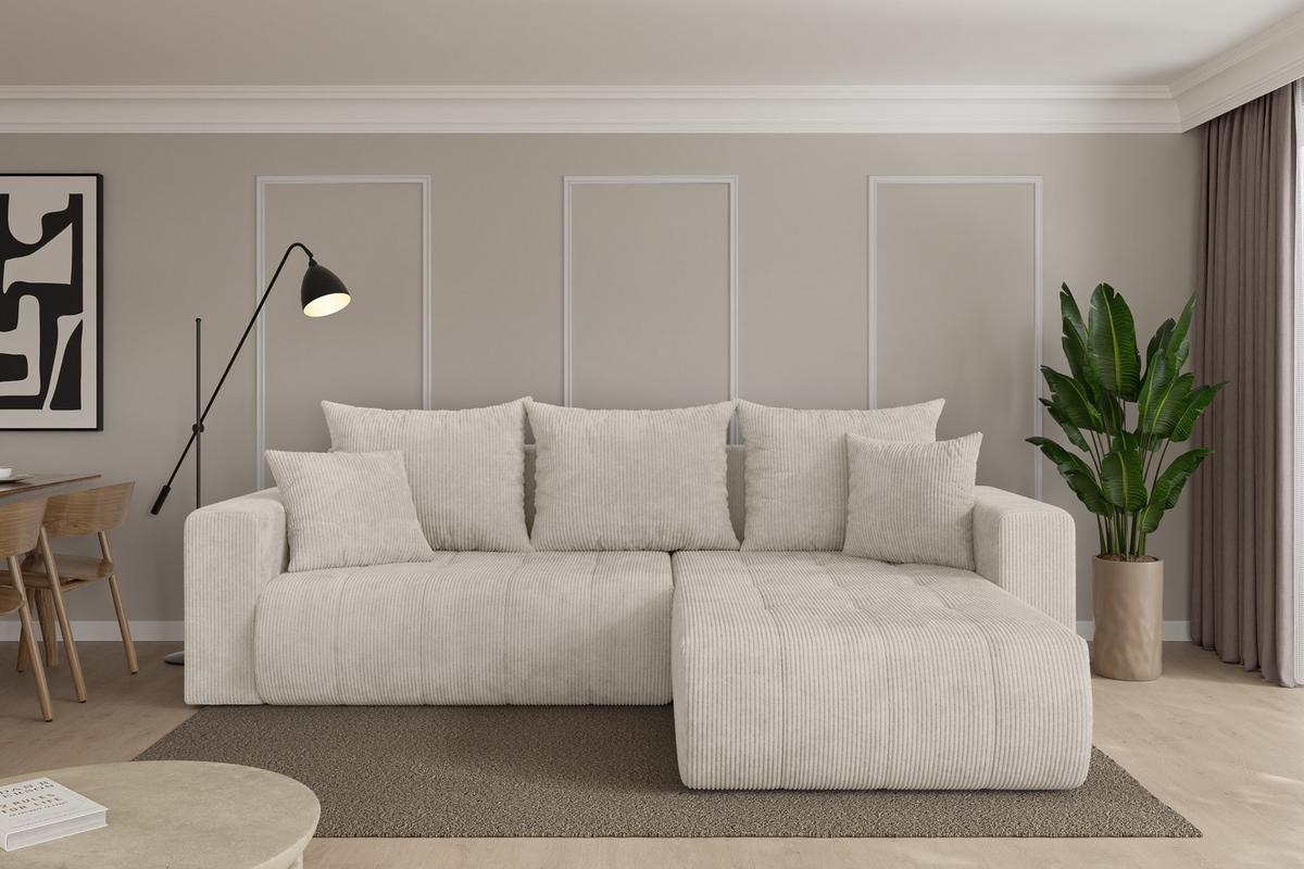 ECKSOFA mit Schlaffunktion Ottomane Rechts MILA-L 277x194x86 Creme Cord - Ecru/Creme, Holzwerkstoff/Kunststoff (277/194cm) - ALTDECOR