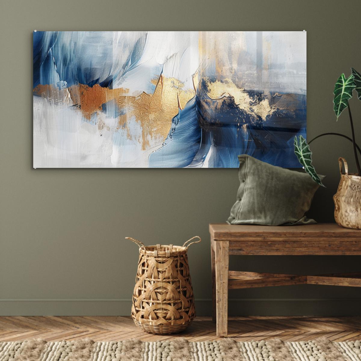 ACRYLGLASBILD Gold - Blau - Aquarell - Kunst - Modern 120x60 cm - Hellblau, Glas (120/60cm) - MuchoWow
