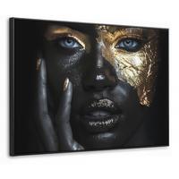 LEINWAND Bilder mit Rahmen - Frau - Gold - Porträt - Schwarz-Weiß - Luxus - 100x70 - Hellblau, Textil (100/70cm) - MuchoWow