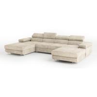WOHNLANDSCHAFT LYKKE Creme Velours-Stoff mit Schlaffunktion - Creme, Holz (353/90/202cm) - MASSENO