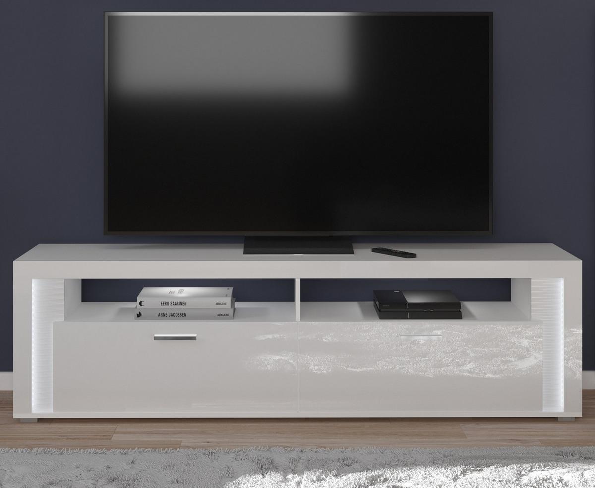 TV-LOWBOARD weiß Hochglanz, Flat-TV Board 200 cm, inkl. Beleuchtung - Weiß Hochglanz/Silberfarben, Holzwerkstoff/Kunststoff (204/58/46cm) - Inn.Furn