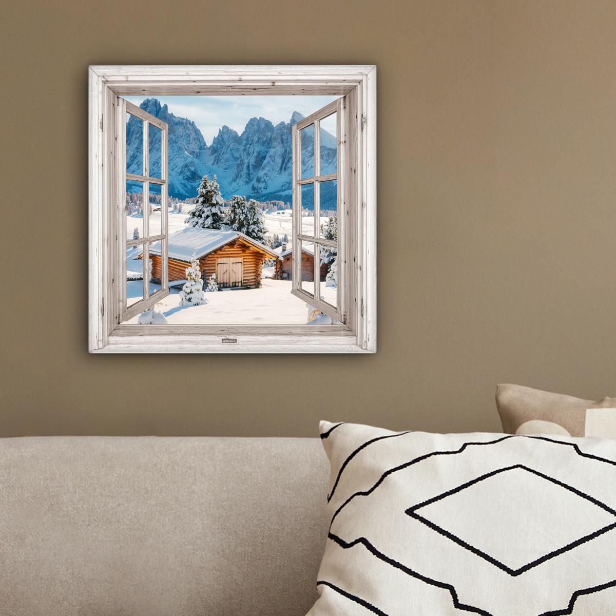 LEINWANDBILD Winterlandschaft - Hütte - Berge - Ausblicke - Aussicht - Natur Deko Wohnzimmer 20x20 cm - Weiß Hochglanz, Textil (20/20cm) - MuchoWow