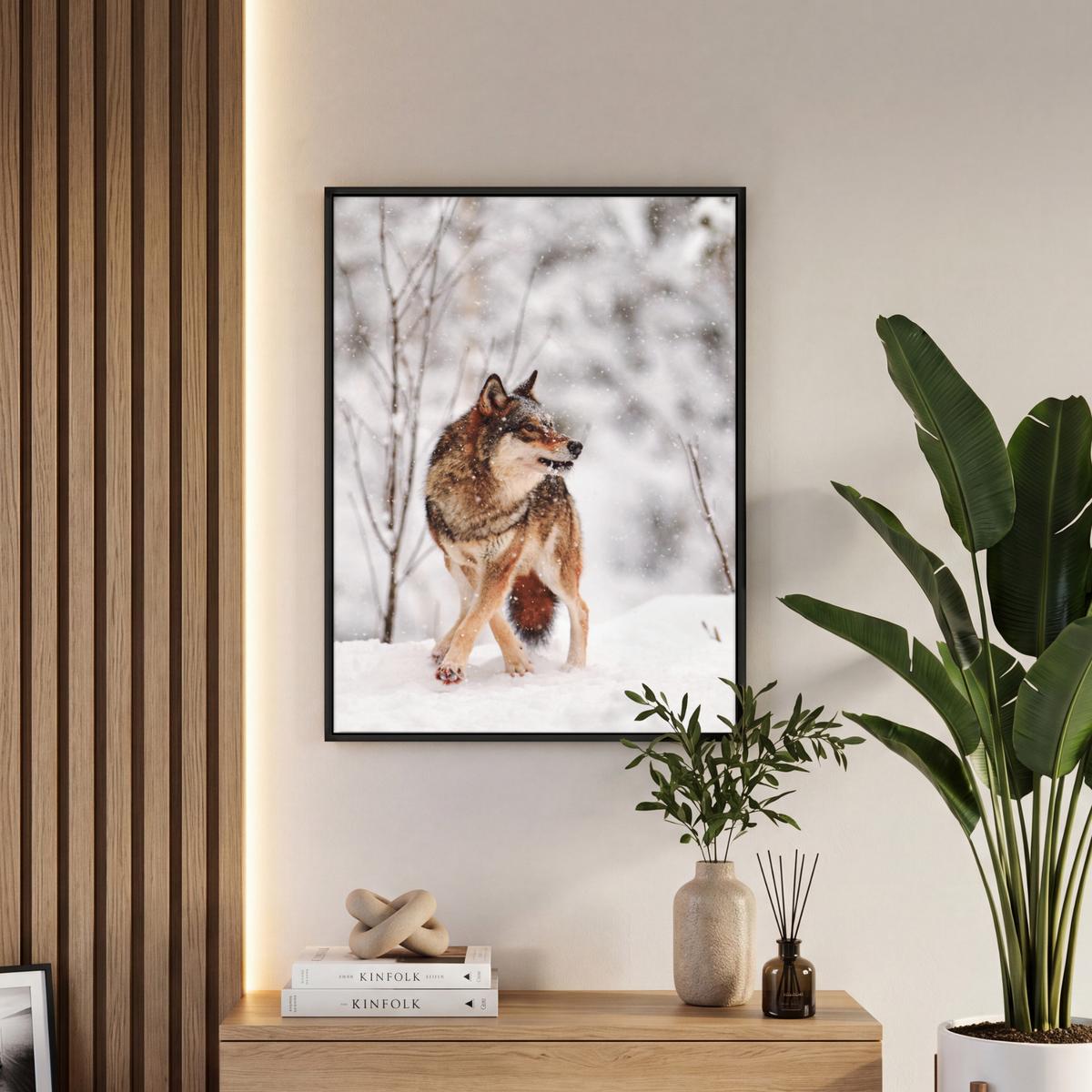 LEINWAND Bilder mit Rahmen - Wolf - Winter - Schnee - Natur - Tiere - 50x70 - Haselnussfarben, Textil (50/70cm) - MuchoWow