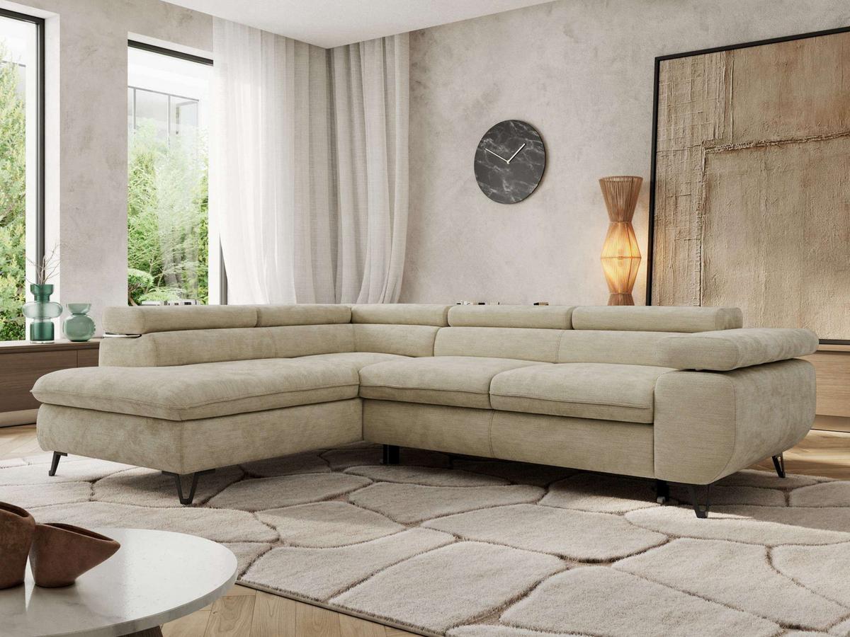 ECKSOFA PABLO L Beige Schenille glatt - Links Seite mit T25 Topper - Beige/Schwarz, Textil/Metall (208/273cm) - MKS