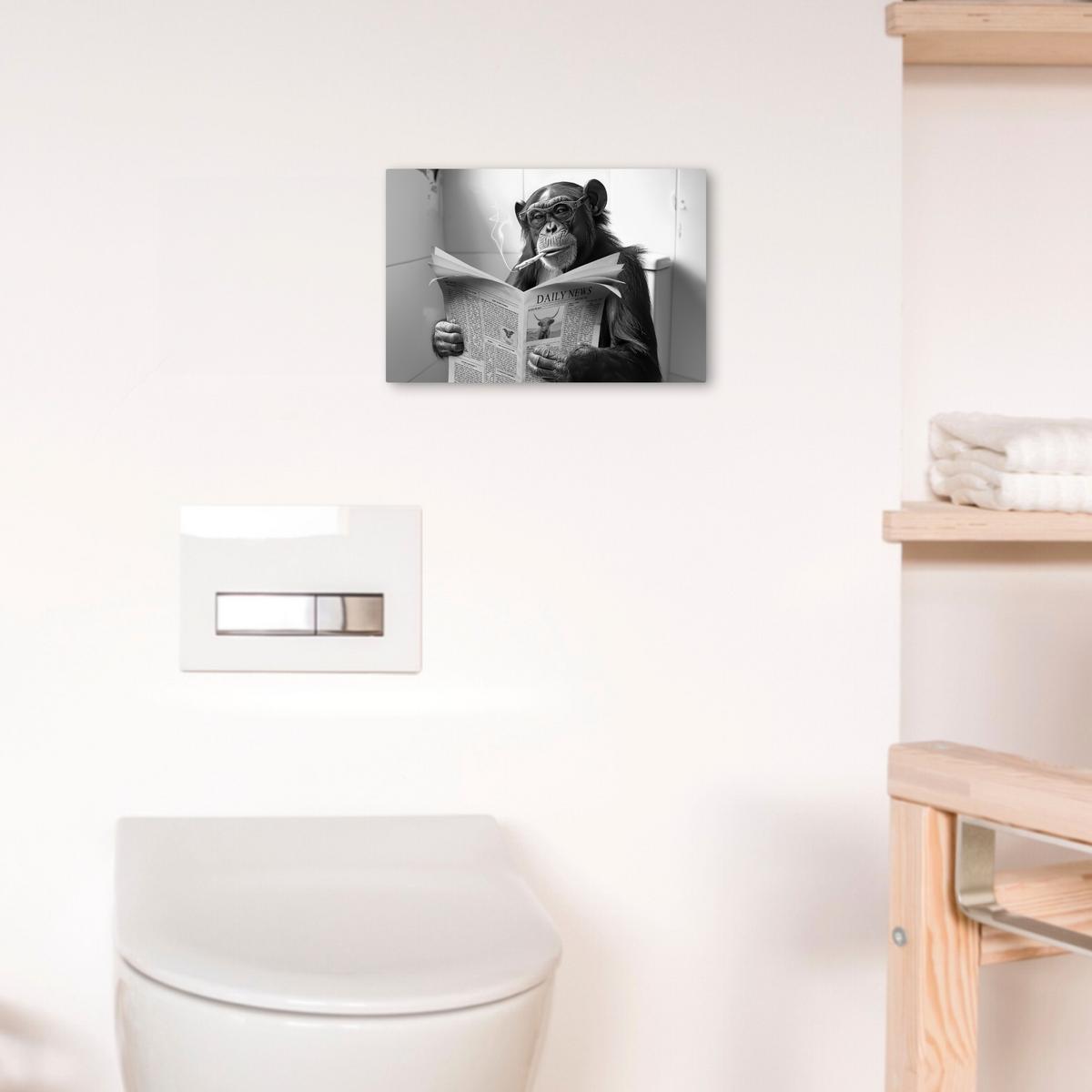 LEINWANDBILD Affe - WC - Zeitung - Schwarz-Weiß - Humor Deko Schlafzimmer 30x20 cm - Hellgrau, Textil (30/20cm) - MuchoWow