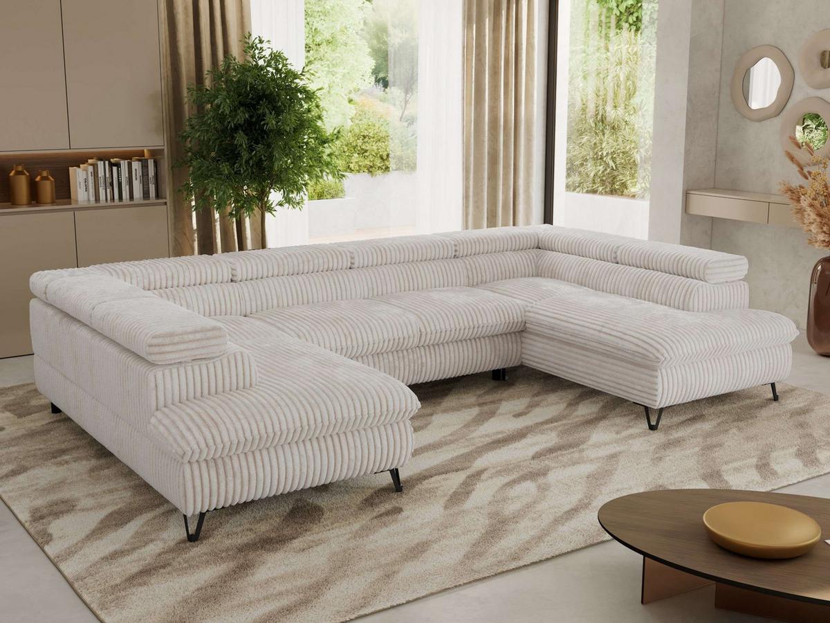 WOHNLANDSCHAFT PABLO U Cord Beige mit Topper Visco - Beige/Schwarz, Textil/Metall (346/76/208cm) - MKS